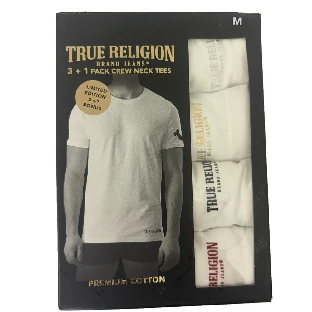 True Religion Men's White Crew Neck Tee Shirts 4 Pack 100% Cotton Size Large New